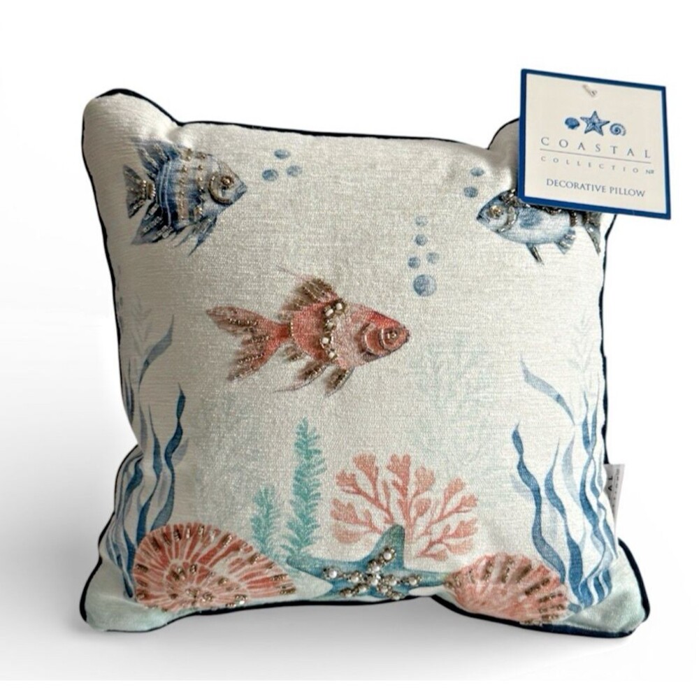 Coastal Collection Fish Beaded Decorative Throw Pillow 12 X 12” Beach Ocean